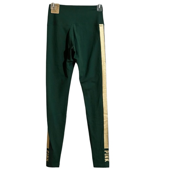 Victoria's Secret PINK Leggings Cotton High Waist Small Green W Gold Stripe - Picture 2 of 8